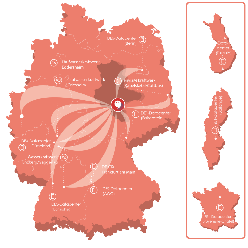 Map of all data centers that Anhalt Intelligence operates as well as the hydro power plants in Germany to power the centers.