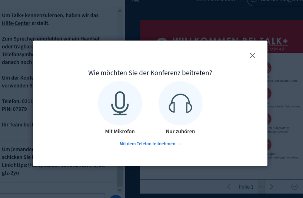 Schritt 1: Den Button "Mit dem Telefon teilnehmen" klicken