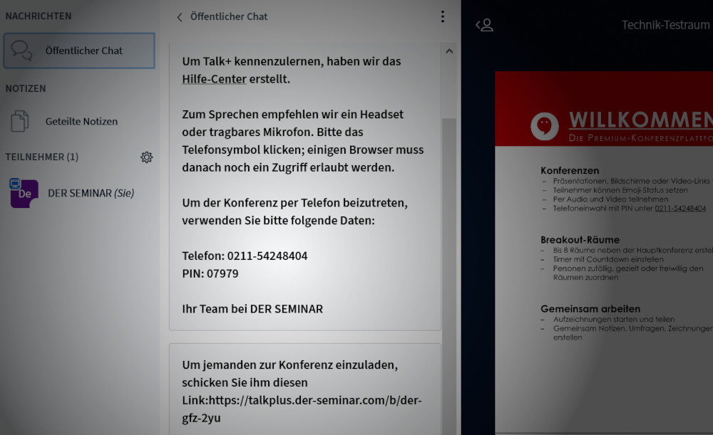 Variante für Schritt 1+2: Im öffentlichen Chat wird die Telefoneinwahl als Option mit angeboten.